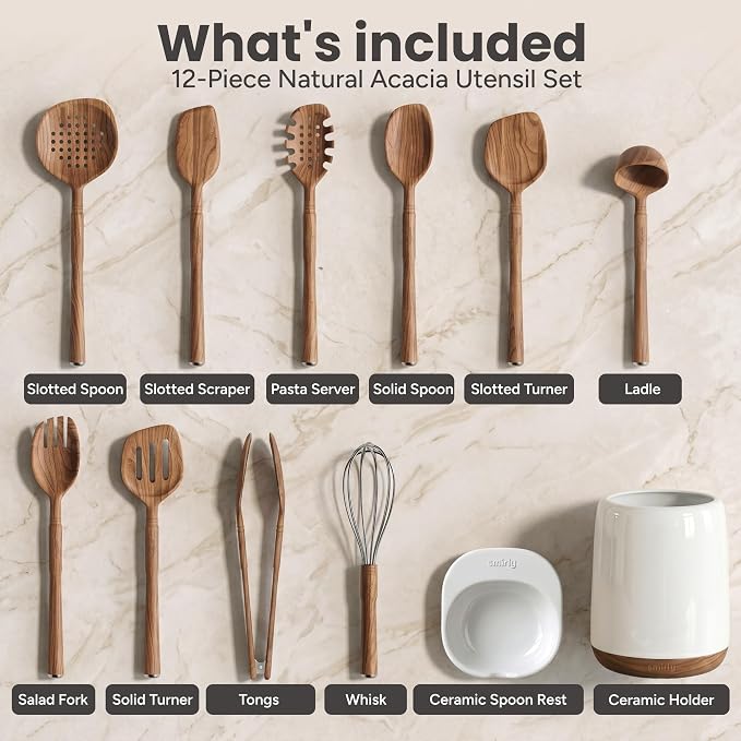SMIRLY Wooden Spoons for Cooking - 12-Piece Premium Acacia Wood Utensil Set with Ceramic Holder & Spoon Rest, Non-Scratch Cooking Utensils Set for Nonstick Cookware, Luxury Kitchen Gift Set [Acacia]