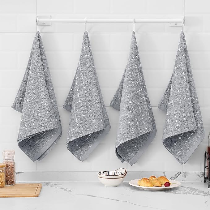 Mordimy 100% Cotton Terry Cloth Kitchen Towels, Super Soft and Absorbent Dish Towels for Drying, Checkered Designed Hand Towels for Kitchen, 16 x 26 Inches, 8 Pack, Light Grey