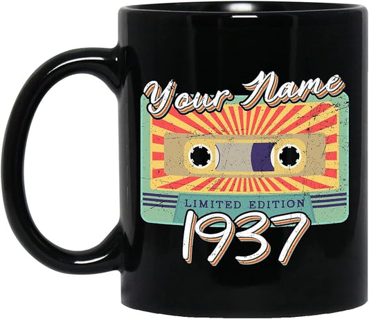 Personalized Vintage Cassette Tape Vintage 1937 Mug, Custom Your Name, 1937 Retro Coffee Mug, 85th Birthday Present Gifts, 1937 Birthday Gift For Friends Family, Customizable Black Tea Cups