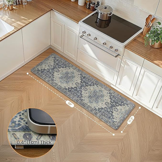 GENIMO Kitchen Mats for Floor, Washable Anti Fatigue Mat for Cushioned, 17.3"x59", Waterproof Kitchen Rugs, Non Slip Foam Comfort Standing Mat Rug for Home, Runner, Sink, Laundry, Center Blue