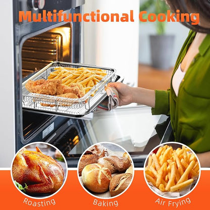 Air Fryer Basket for Oven, 2 Set Oven Air Fryer Basket and Tray with Cooking Guide&60 PCS Parchment Papers,DEGOVIN Crisper Tray Non-stick Stainless Steel Air Fry Pans for Convection Oven(Large+Medium)