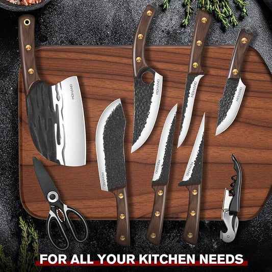 MDHAND Butcher Knife Set, Hand Forged Viking Kitchen Serbian Chef Knife Set with Roll Bag, Heavy Duty Meat Cleaver & Brisket Knives & Meat Cutting Knife for BBQ, Outdoor Camping, Gifts for Men Women