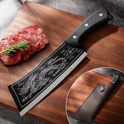 Dragon Engraved Chinese Cleaver with Sheath, High Carbon Stainless Steel Sharp Chef’s Tool for Kitchen, Meat Cleaver, Vegetable or Meat Cutting, Cool for Men, Ideal for Home Cooking or Camping