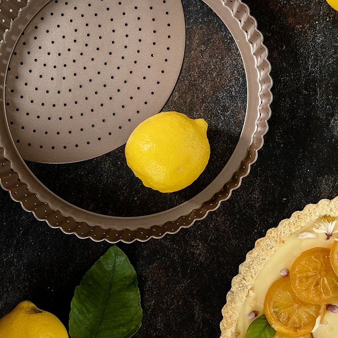 HAPPIELS 9in Tart Pan with Removable Bottom Nonstick, PFOA & BPA Free | Non Toxic Fluted Pie & Quiche Tin | Best Perforated Non Stick Nontoxic 9in Molds with Holes for Oven Baking