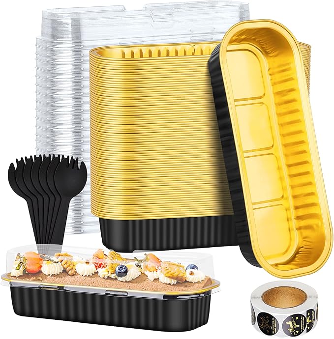 25Pack Aluminum Foil Mini Loaf Pans With Lids, 6.8 Oz Rectangle Baking Cups, Muffin Tins, Disposable Baking Tins, Mini Pans -Black In Gold