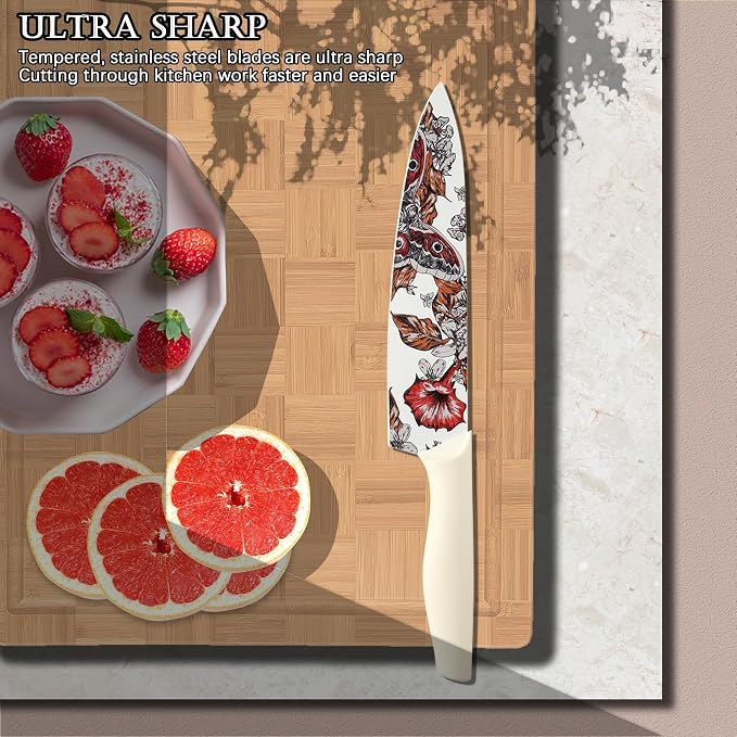 Marco Almond Knife Set Artistic Designed Pattern Kitchen Knife 6 Stainless Steel Kitchen Knives w 6 Blade Guards, Dishwasher Safe Knives for Family Kitchen Knives Set for Chefs