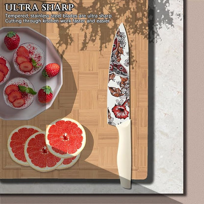 Marco Almond Knife Set Artistic Designed Pattern Kitchen Knife 6 Stainless Steel Kitchen Knives w 6 Blade Guards, Dishwasher Safe Knives for Family Kitchen Knives Set for Chefs