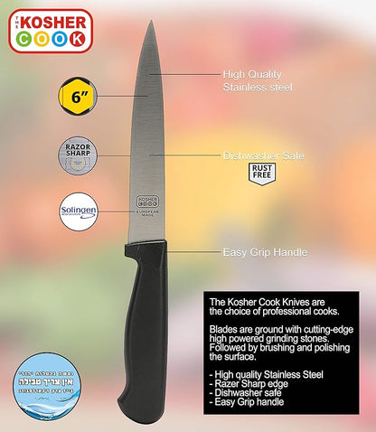 The Kosher Cook Black Kitchen Knife – 6” Steak and Vegetable Knife - Razor Sharp Pointed Tip, Straight Edge - Color Coded Kitchen Tools