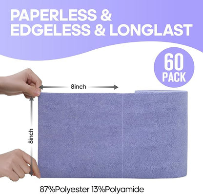 Fantasticlean Microfiber Cleaning Cloth Roll -60 Pack, Tear Away Paperless Towels, 8" x 8", Reusable Washable Rags, for House Kitchen, Pet, Office, Indoor Outdoor, Compact and Portable (Light-Purple)