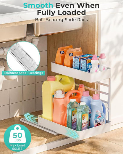 EVERIE Height Adjustable 2 Tier Metal Pull Out Slide Shelf Organizer for Framed or Frameless Under Sink Cabinets in Kitchen, Bathroom, with Snap-on Top Tray (White, 2 Sets)