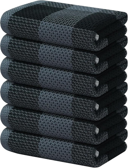 Homaxy 100% Cotton Waffle Weave Check Plaid Kitchen Towels, 13 x 28 Inches, Super Soft and Absorbent Dish Towels for Drying Dishes, 6-Pack, Black & Grey