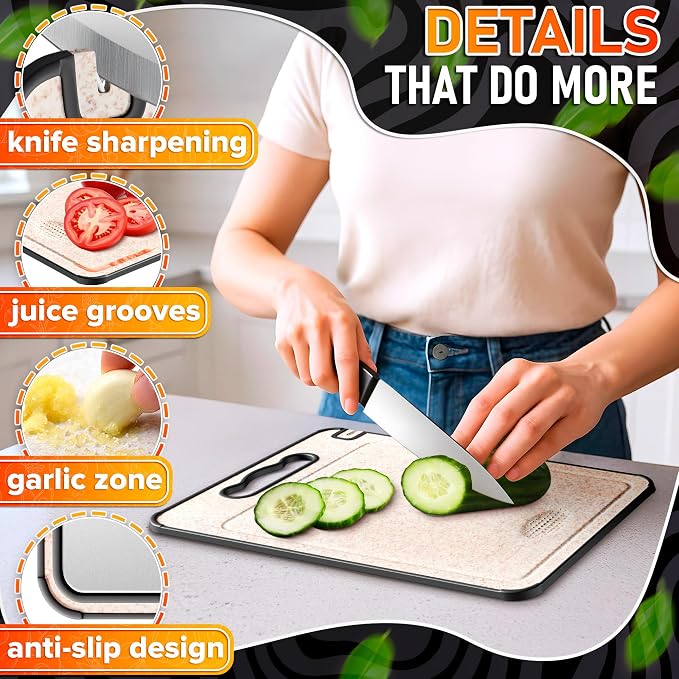 Titanium Cutting Board with Knife Sharpener 14.3"x9.8" – Double Sided GR1 Titanium Cutting Boards for Meat, with Wheat Straw + PP Side for Fruits – Built-in Handle, Garlic Grater & Juice Grooves