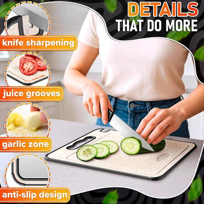 Titanium Cutting Board with Knife Sharpener 14.3"x9.8" – Double Sided GR1 Titanium Cutting Boards for Meat, with Wheat Straw + PP Side for Fruits – Built-in Handle, Garlic Grater & Juice Grooves