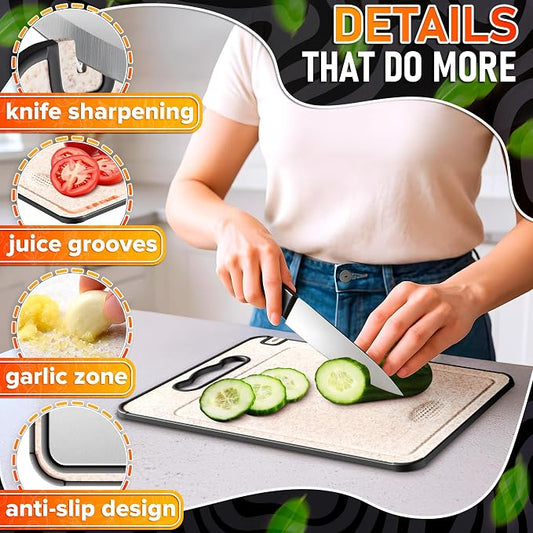Titanium Cutting Board with Knife Sharpener 14.3"x9.8" – Double Sided GR1 Titanium Cutting Boards for Meat, with Wheat Straw + PP Side for Fruits – Built-in Handle, Garlic Grater & Juice Grooves