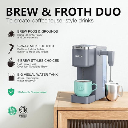Tastyle 330MF Single Serve Coffee Maker with Built-in Detachable Milk Frother, Iced and Hot Coffee Machine for K Cup & Grounds, 40oz Removable Water Reservoir, 6 Cup Sizes, Fits 7.3" Travel Mug, Gray