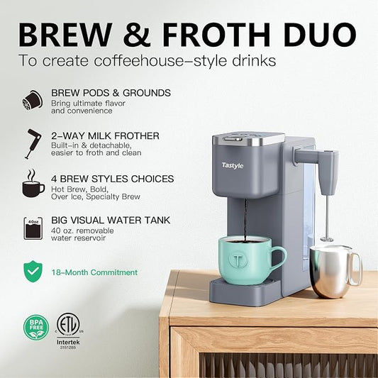Tastyle 330MF Single Serve Coffee Maker with Built-in Detachable Milk Frother, Iced and Hot Coffee Machine for K Cup & Grounds, 40oz Removable Water Reservoir, 6 Cup Sizes, Fits 7.3" Travel Mug, Gray
