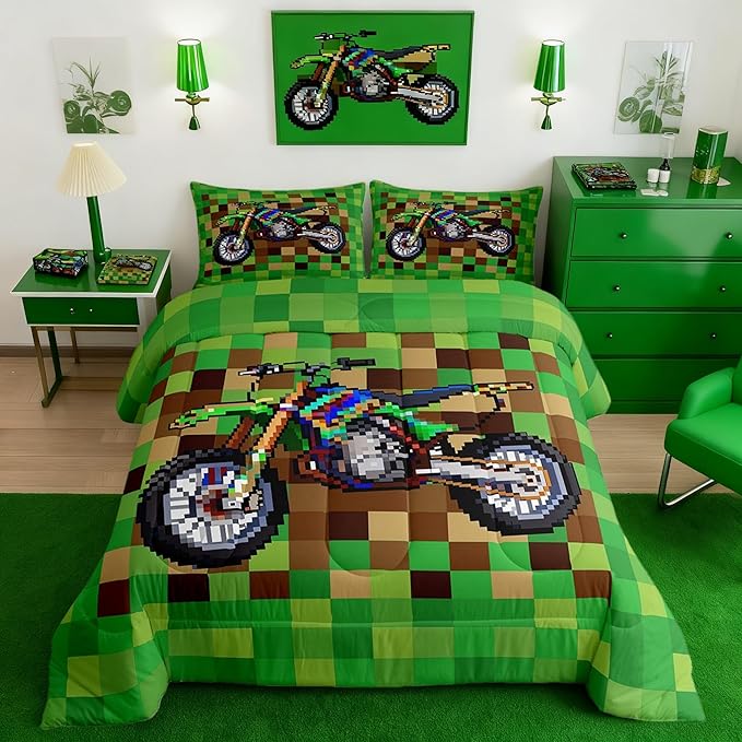 Manfei Cool Motorcycle Comforter Set Queen Size,Pixelated Geometric Grid Duvet Insert Adults Bedroom Decor,Miners Gamepad Bedding Set,Brown Green Ultra Soft Microfiber Inner Fill 3Pcs Bedding