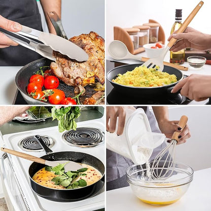 E-far Kitchen Utensils Set of 12, Silicone Cooking Utensils with Holder, Non-stick Cookware Friendly & Heat Resistant, Includes Spatula Tong Whisk Ladle Brush Slotted Turner Spoon(Khaki)