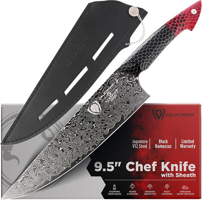 Dalstrong Chef Knife - 9.5 inch Blade - AUS-12V Exclusive Japanese Steel - Black Damascus Full Tang - Honeycomb Handle - Chef's Knife - Scorpion Series - Razor Sharp Kitchen - Leather Sheath