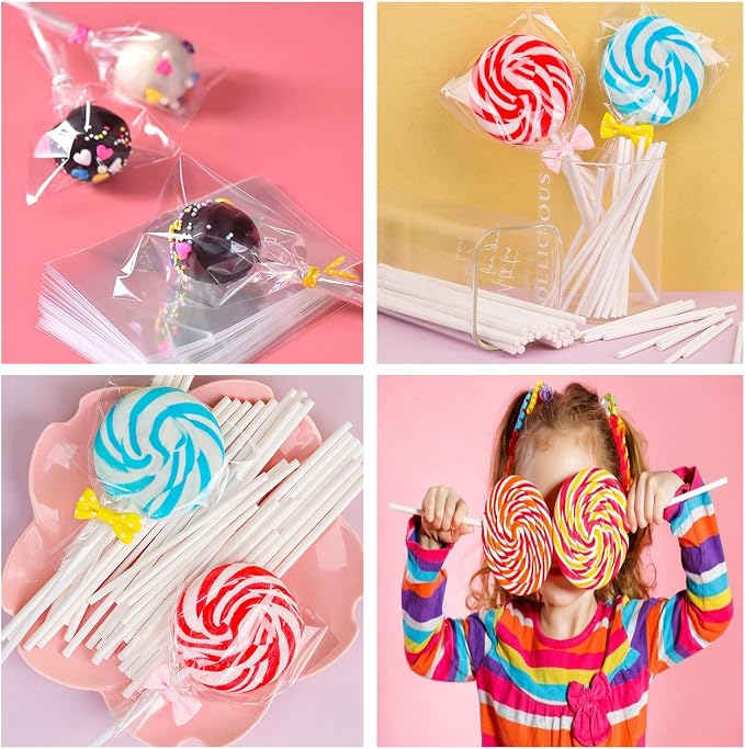 Big Size Lollipop Cake Pop Treat Bag Set Including 100pcs Parcel Bags, 100pcs Papery Treat Sticks, 100pcs Colorful Metallic Twist Ties for Making Lollipops, Cake Pops, Candies, Chocolates and Cookies