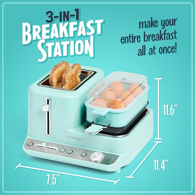 Nostalgia Classic Retro 3-in-1 Breakfast Station, 2-Wide Slot Toaster With Adjustable Toasting Control, Non-Stick Griddle, 6 Capacity Egg Cooker With Lid