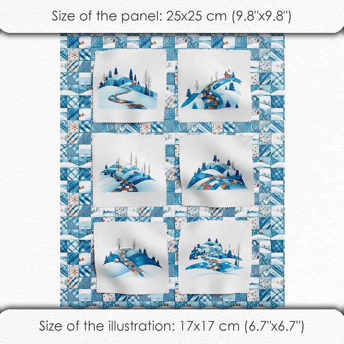 Winter Patchwork Landscape Cotton Fabric Panel – 6 Designs (10×10 inch Each) + Bonus Patchwork Sheet 29.5×19.6 inch, 100% Cotton 140 GSM