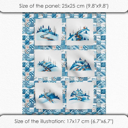 Winter Patchwork Landscape Cotton Fabric Panel – 6 Designs (10×10 inch Each) + Bonus Patchwork Sheet 29.5×19.6 inch, 100% Cotton 140 GSM