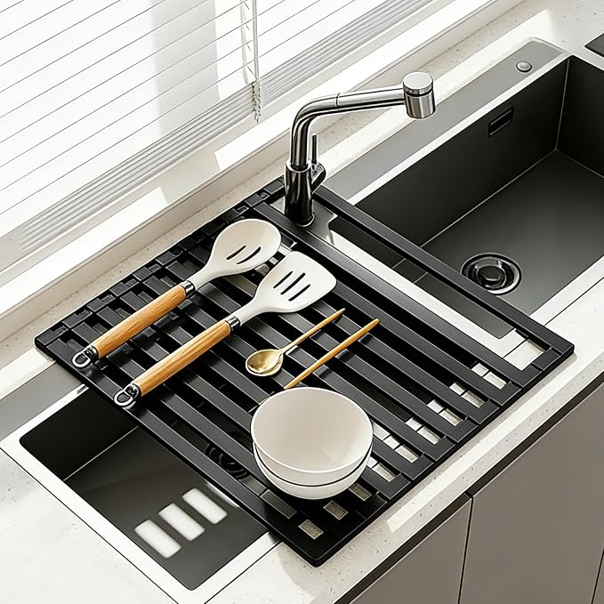 Foldable Over Sink Dish Drying Rack, Extra Wide & Thick Rust-Proof Aluminum Sink Cover for Counter Space, Collapsible Dish Drying Rack Fits Most Kitchen Sinks (Black, 17.7“x13.6)