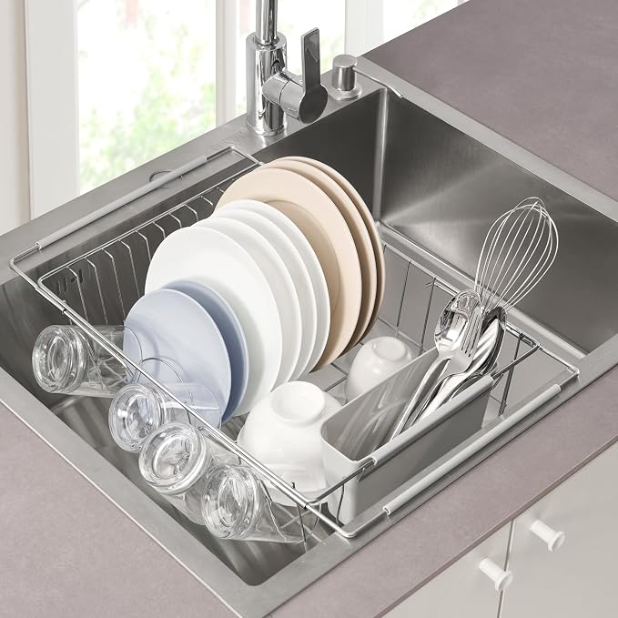 Dish Drying Rack Over the Sink Expandable to 24.5" Dish Drainer — Space-Saving Rectangular Kitchen Extending Drying Station with Utensil Holder, Fits Most Sinks for Easy Dish Organization, Silver
