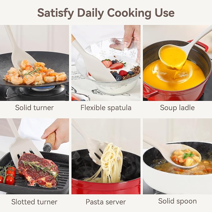 NCUE Kitchen Utensils Set, Large Non-stick Silicone Cooking Utensils Set 6 Pcs, Wooden Handle Heat Resistance Silicone Spatula Soup Ladle Pasta Server Kitchen Gadgets Utensils Set BPA Free (Khaki)
