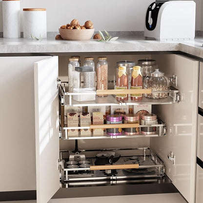 Expandable Pull Out Cabinet Organizer, 17.1-28" W x 22.5" D | Adjustable Width, Under Sink Storage, Drawer Storage Shelves, For Kitchen, Bathroom, Closet, Pantry, Cupboard