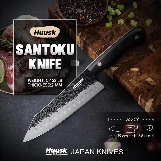 Huusk Knives from Japan Santoku knife - Hand Forged Chef Knife for Meat Cutting - Ideal Kitchen Knife Made From a Single Piece of High Carbon Steel Christmas Gift for Men and Women