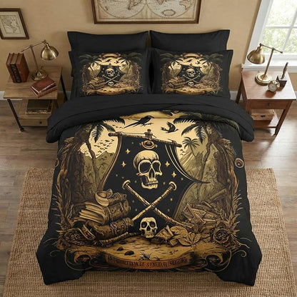 Pamnest Comforter Set Queen Size, Pirate Skeleton 7 Pcs Bedding for Kids and Adults, Halloween Vintage Gothic Bed Sheet Sets with Fitted Sheet 2 Pillowcase & 2 Sham for Bedroom Bed Decor