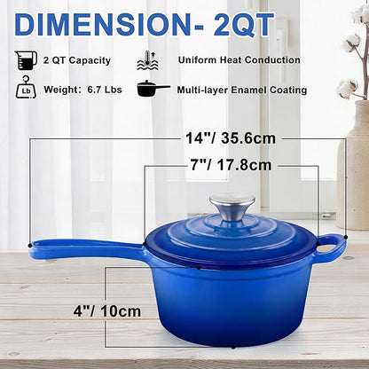 2 Quart Saucepan with Lid, Leonyo Enameled Cast Iron Dutch Oven Pot, Non Stick Small Cooking Pots Kitchen Induction Cookware for All Cooktops Cooking Pasta, Soup, Ramen - Up to 500°F, Dark Blue