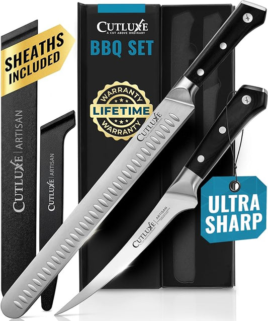 Cutluxe 2-Piece Carving Knife Set for BBQ & Brisket – Razor-Sharp German Steel – 12" Slicing & 6" Boning Knife for Meat Cutting, Sheaths Included, Full Tang & Ergonomic Handles – Artisan Series