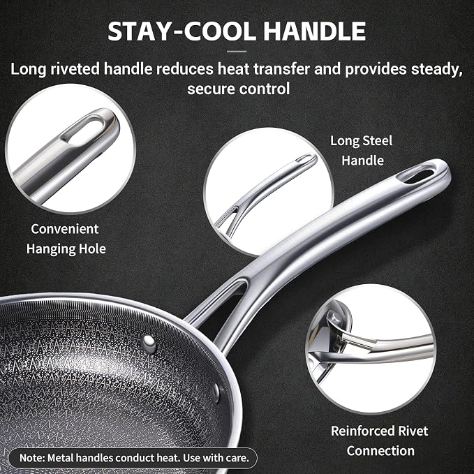 Ammeloo Hybrid Tri-Ply Stainless Steel Frying Pan Set, 8"/9.5"/11" Cooking Pans, Non Stick Frying Pans and Skillets, Chef Pan, Non Toxic, Dishwasher Safe, Induction Compatible, Black Interior