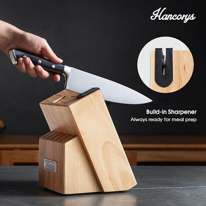 Knife Block Set, 15 Pcs Kitchen Knife Set, Enduring Ultra Sharp High Carbon German Stainless Steel Chef Knives Set with Built-In Sharpener, Full Tang Ergonomic Handle, Black
