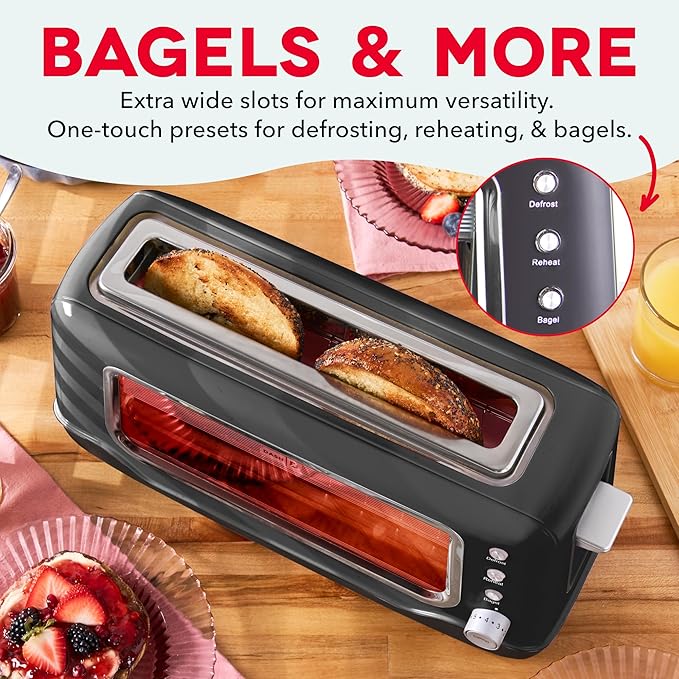 Dash Clear View Toaster, 10.5" Long Slot 2 Slice Toaster with See-Through Glass Window, 7 Browning Levels, Bagel, Defrost & Reheat Functions, Removable Glass Panel, Crumb Tray - Black