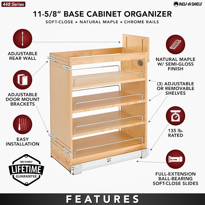 Rev-A-Shelf Maple Pullout Organizer w/ BLUM Soft-Close for Base Cabinets, Full Extension Slides & Adjustable Shelves, Min Opening Width of 11.5", 448-BCSC-11C