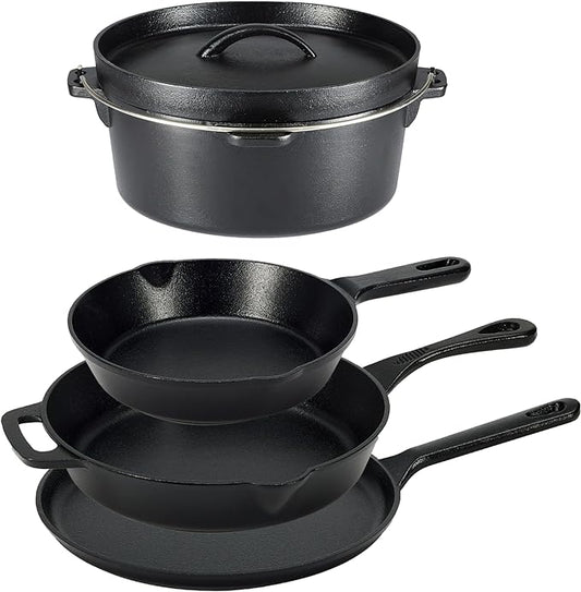 Amazon Basics Pre-Seasoned Cast Iron 5-Piece Cookware Set, Oven Safe, Cooks Evenly, 14.17 x 12.2 x 10.63 in, Black