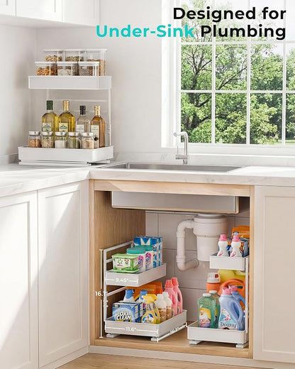 EVERIE Height Adjustable 2 Tier Metal Pull Out Slide Shelf Organizer for Framed or Frameless Under Sink Cabinets in Kitchen, Bathroom, with Snap-on Top Tray (White, 2 Sets)