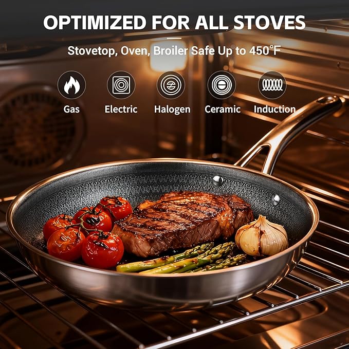 Ammeloo 17 Pcs Nonstick Stainless Steel Cookware Set, Hybrid Stainless Steel Pots and Pans Set Non Stick, Non Toxic Kitchen Cookware Sets, Dishwasher & Oven Safe, Induction & All Cooktop Compatible