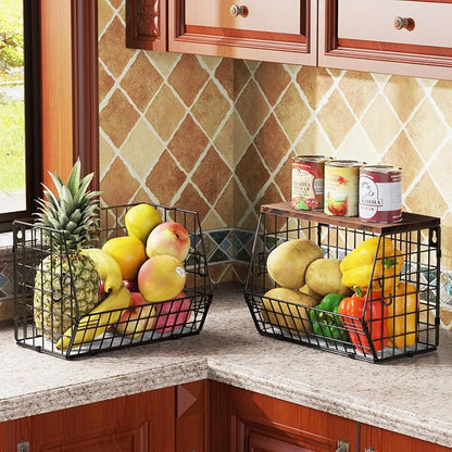 Wawocs Fruit Basket for Kitchen Counter, Fruit Bowl Stackable Wall Mounted Hanging Fruit Basket Wire Basket with Wood Lid with Banana Hanger Hooks, Onion,Potato,Fruit and Vegetable Storage