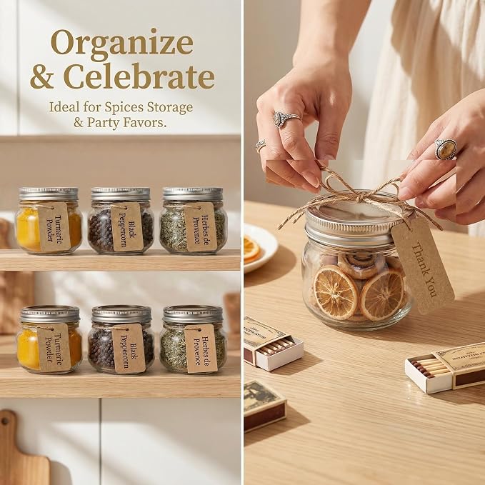 8 oz Mason Jars with Airtight Silver Lids - 12 Pack Small Glass Jars Set with Labels & Twine - Wide Mouth Canning Jars for Yogurt, Pantry Spice Organization, Homemade Jam & Honey