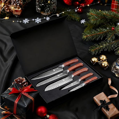 YOTSUBA 5 PCS Japanese Kitchen Knife Set with Ergonomic Natural Rosewood Handle, Razor Sharp High Carbon Stainless Steel Chef Knives, Premium Gift Box for Home Chefs