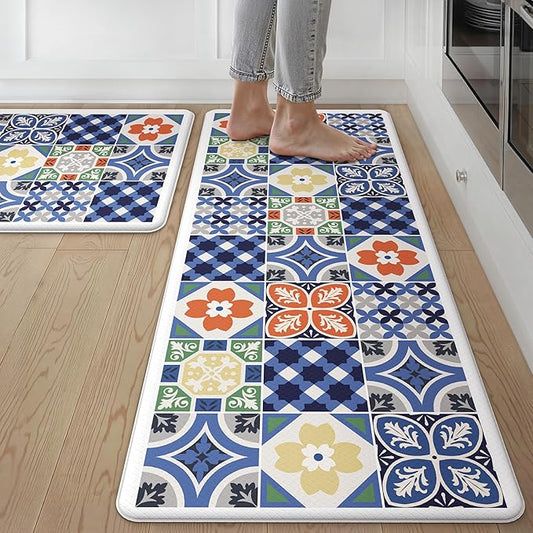GENIMO Anti Fatigue Kitchen Mats for Floor, Cushioned Non Slip Kitchen Rug, Waterproof Kitchen Floor Mat Runner, Kitchen Mat for Laundry, Sink, Office, Entryway, 20"x48"+20"x32", Blue