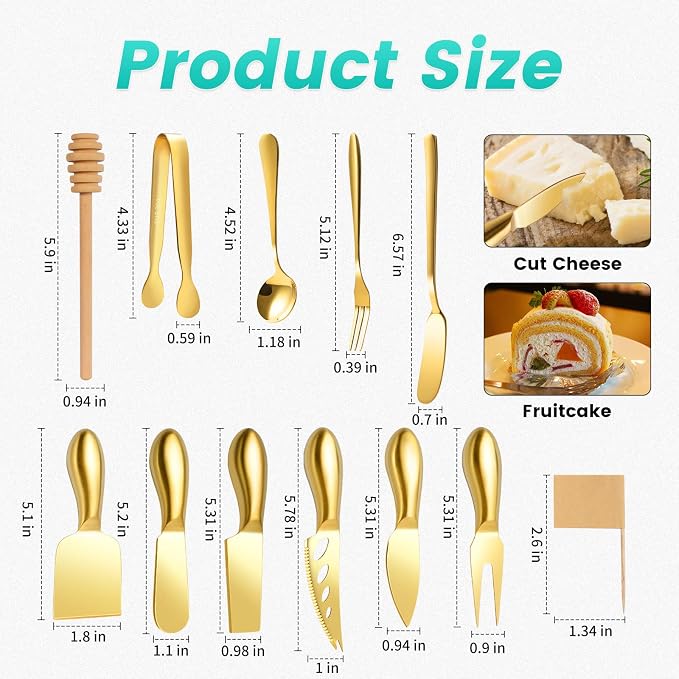 LifeMusican Gold Cheese Knife Set For Charcuterie Board Accessories, Stainless Steel Cheese Slicer And Butter Spreader knives Kit With Serving Tongs, Spoons, Forks, Flags Cheese Markers, Honey Dipper