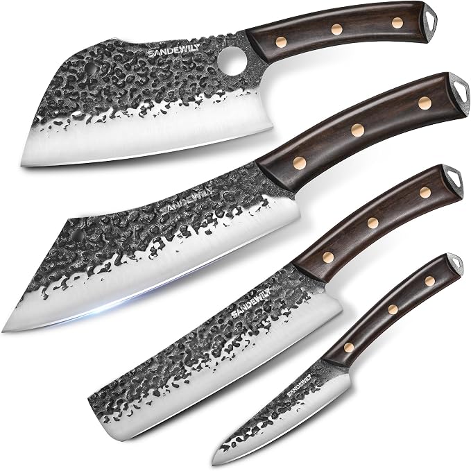 4-Piece Butcher Knife Set with 7” Cleaver, 8” Chef Knife, 8” Nakiri & 5” Utility Knife – Hand Forged Full Tang Kitchen Knives with Sharpening Stone for BBQ, Meat, Veggies & Outdoor Cooking