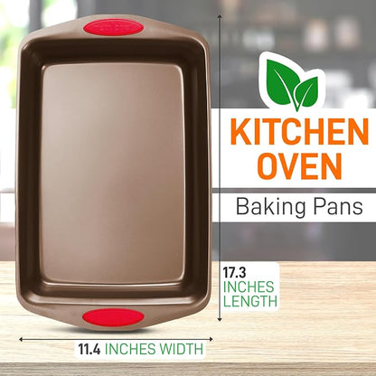 NutriChef 2-Piece Nonstick Baking Pan Set – Carbon Steel Cookie Sheet w/Red Silicone Grip Handles – Durable, Heavy-Duty Bakeware for Even Heat Distribution – Oven Safe, Easy Cleanup – Golden