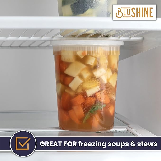 BluShine [24 Sets] 32 oz. Plastic Deli Food Storage Containers with Airtight Leak Proof Lids - Reusable - Microwave, Fridge, and Freezer Safe